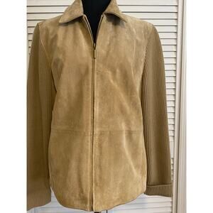 Vintage Suede‎ jacket with Ribbed sweater sleeves size Large Retro 80s